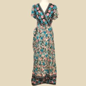 Women Boho Floral Summer Spring V-neck Maxi Wrap Dress Medium